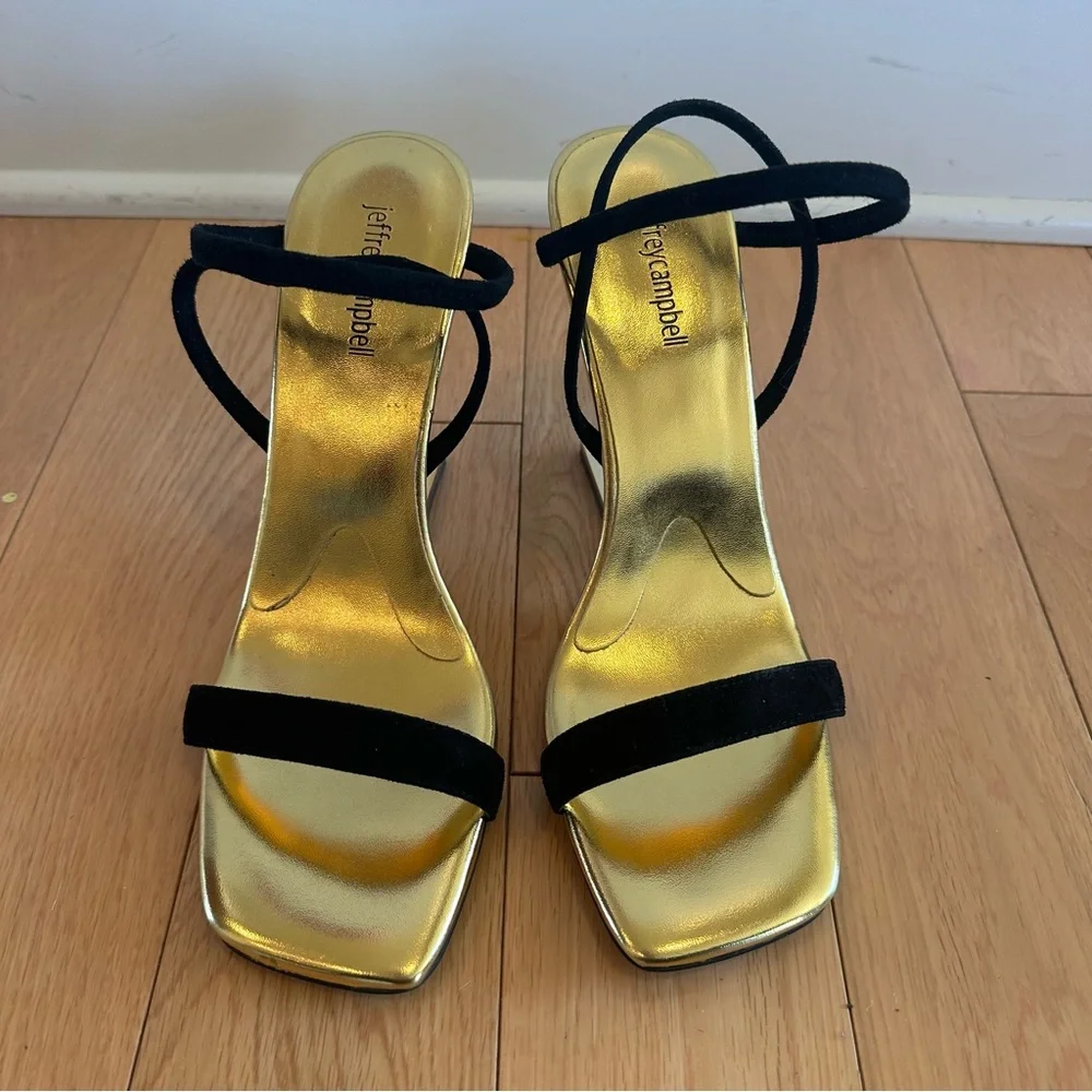 Jeffrey Campbell Geometric High Heel Sandals Size 9.5 Black & Gold Inverted Heel - Picture 2 of 7